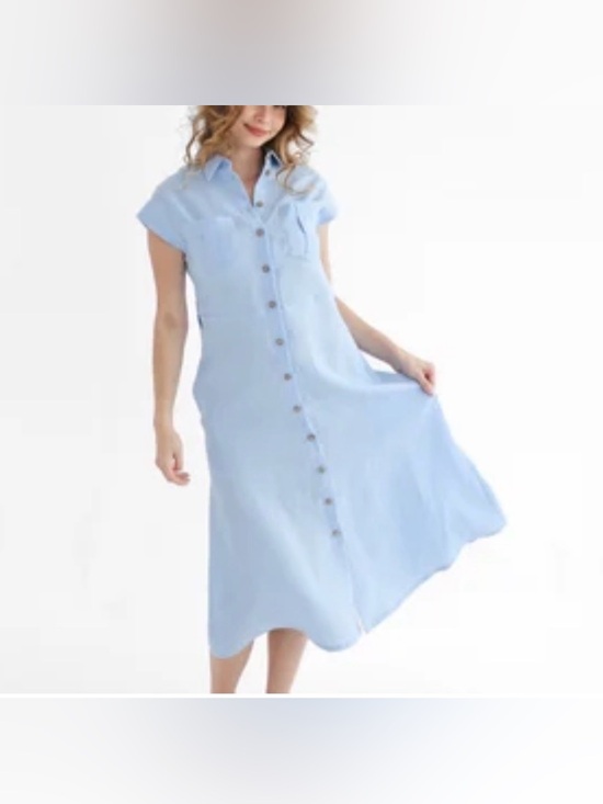 Real comfort Dresses & Skirts - Vintage Real Comfort Linen Light Blue Button-Front Lightweight Midi Shirt Dress